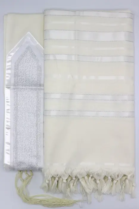 טלית צמר תשבץ - דגם ";דותן"; כסוף מידה 60