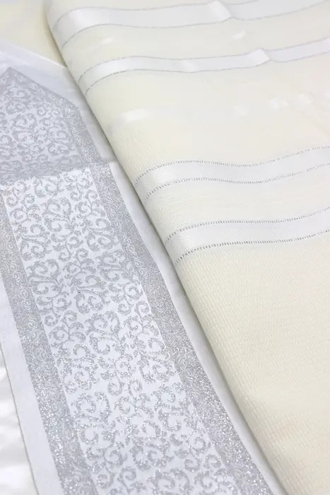 טלית צמר תשבץ - דגם ";דותן"; כסוף מידה 60