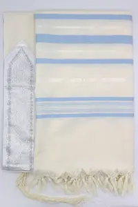 טלית צמר תשבץ - דגם "דותן" תכלת מידה 60