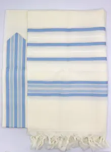 טלית צמר תשבץ פרימיום - דגם "הדר" בצבע תכלת מידה 60